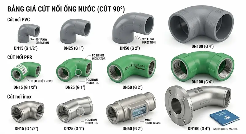 Bảng chi tiết về cút nối ống