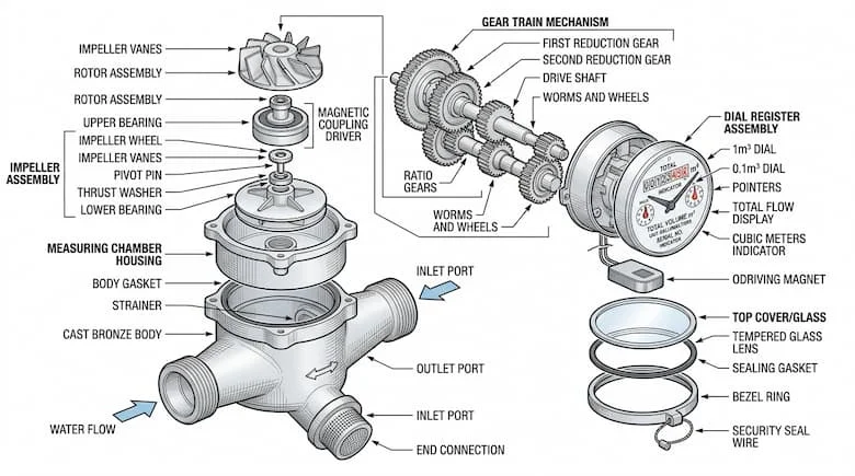 Hình ảnh tháo rời đồng hồ đo nước, thể hiện các bộ phận bên trong: cánh quạt, bánh răng, mặt số, thân máy