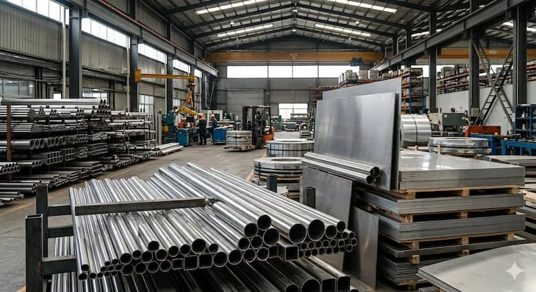 hình ảnh minh họa chuyên nghiệp về giá cả thép không gỉ, thể hiện rõ các vật liệu thép không gỉ 201 và 304 ở dạng tấm, ống và thanh