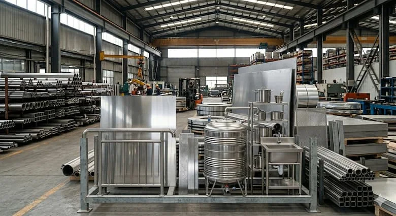  khung cảnh thực tế thể hiện các ứng dụng của thép không gỉ 201 và thép không gỉ 304 trong đời sống thực. Bao gồm các thiết bị nhà bếp bằng thép không gỉ, lan can, bồn chứa nước, đường ống công nghiệp và vật liệu xây dựng.