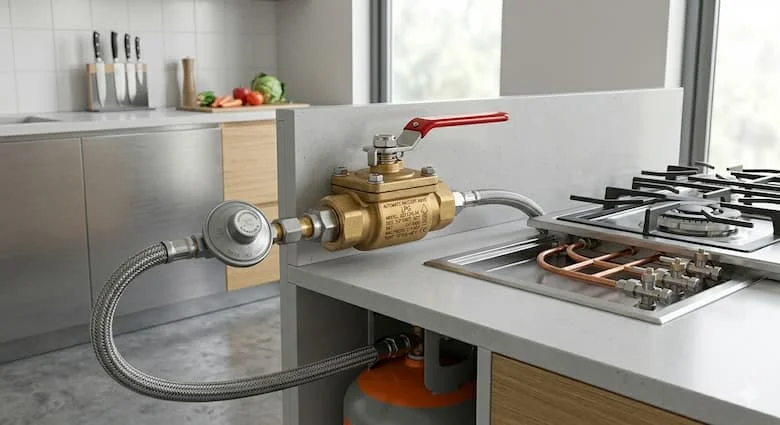 Van an toàn ngắt khí gas được lắp đặt trong hệ thống LPG nhà bếp hiện đại, kết nối với bình gas và bếp gas, tạo môi trường nhà bếp sạch sẽ, thiết kế an toàn thực tế