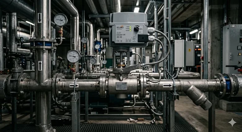Van điều khiển tuyến tính thực tế được lắp đặt trong hệ thống đường ống HVAC, bộ truyền động điện điều khiển lưu lượng nước, môi trường phòng máy công nghiệp