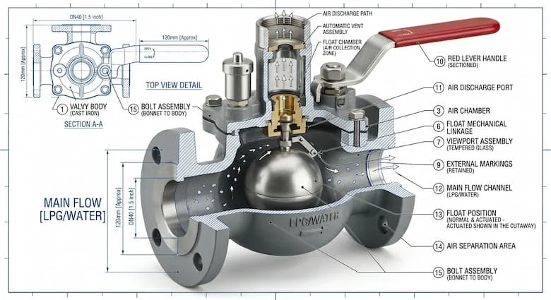 Hình minh họa kỹ thuật chi tiết mặt cắt của van xả khí DN40 thể hiện cơ cấu phao, buồng khí, đế van, cấu trúc thân van và đường dẫn khí xả, theo phong cách bản vẽ kỹ thuật