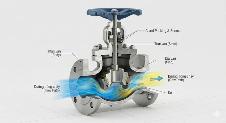 hình ảnh cắt lớp kỹ thuật của globe valve công nghiệp, hiển thị rõ cấu tạo bên trong gồm thân van, đĩa van, trục van, seat và đường dòng chảy