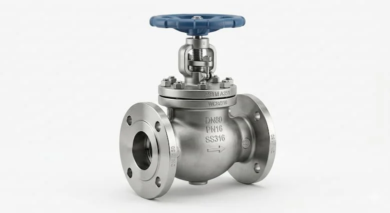 ảnh sản phẩm globe valve công nghiệp cao cấp bằng inox, thiết kế van cầu công nghiệp hiện đại, tay quay màu xanh