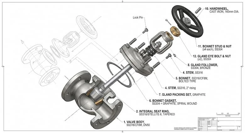 Hình ảnh kỹ thuật dạng tháo rời của van cầu 2 inch DN50, thể hiện các bộ phận bên trong bao gồm thân van, nắp van, trục van, đĩa van, đế van và tay quay