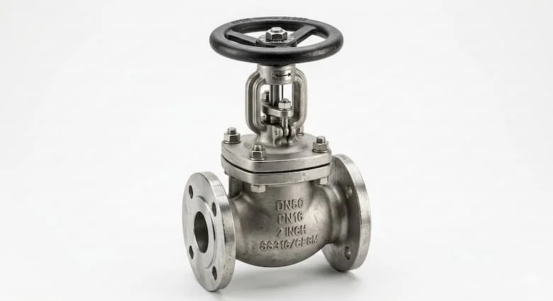 Hình ảnh sản phẩm cực kỳ chân thực về van cầu 2 inch DN50, van cầu công nghiệp có tay quay, thân bằng thép không gỉ