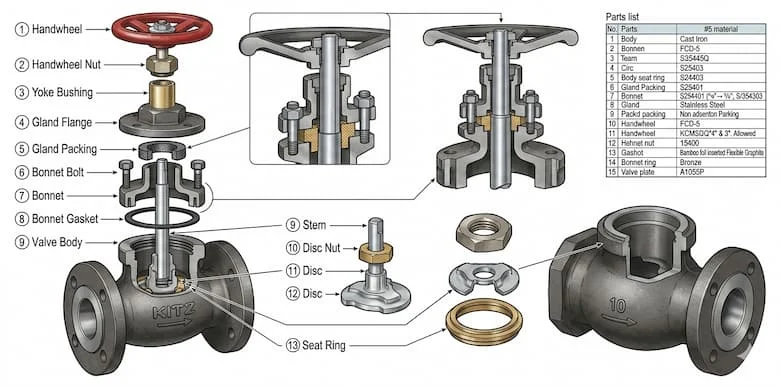 Hình ảnh kỹ thuật dạng tháo rời của cấu trúc van cầu Kitz, thể hiện thân van, nắp van, trục van, đĩa van, đế van, tay quay