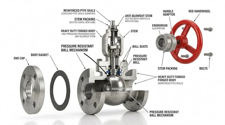 Hình ảnh kỹ thuật dạng tháo rời của van đóng ngắt áp suất cao, thể hiện các bộ phận bên trong bao gồm thân van, trục van, đế van, gioăng và cơ cấu bi chịu áp suất