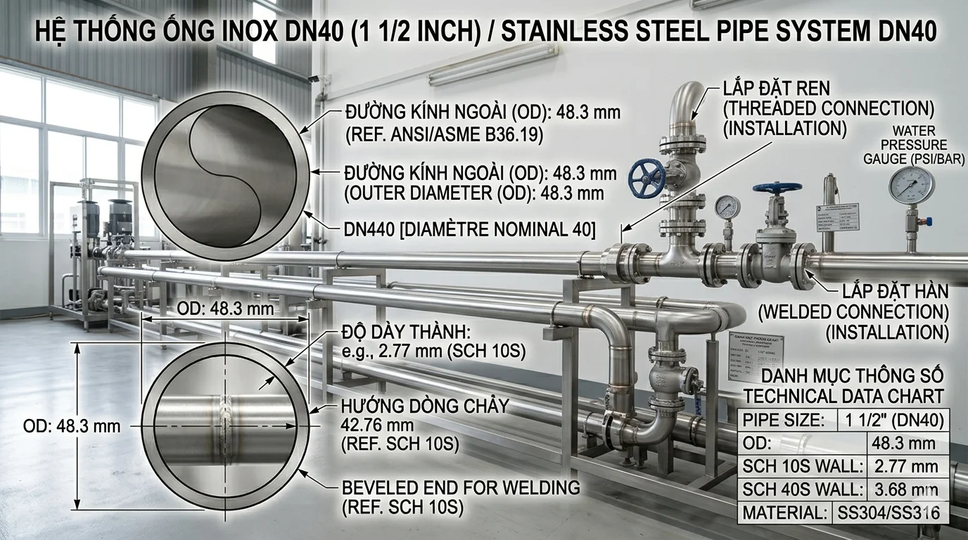 Hệ thống đường ống thép không gỉ DN40 được lắp đặt trong môi trường công nghiệp, các đường ống và van được kết nối với nhau, việc lắp đặt sạch sẽ, theo tiêu chuẩn nhà máy