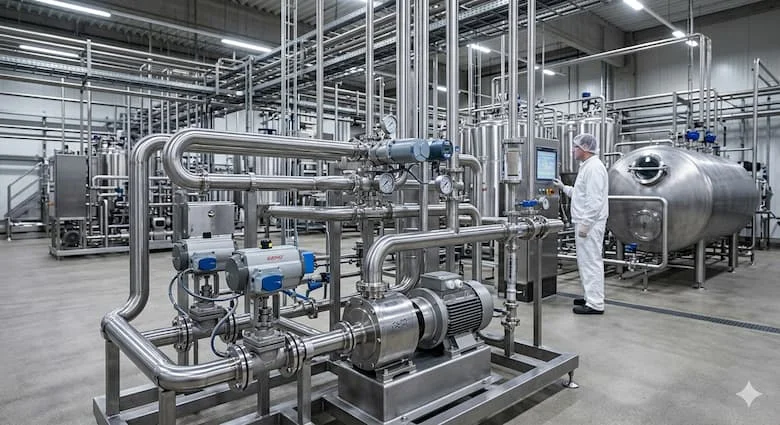 Dây chuyền sản xuất thực phẩm và đồ uống công nghệ cao sử dụng van và bơm bằng thép không gỉ hợp vệ sinh, hệ thống xử lý hợp vệ sinh với đường ống inox được đánh bóng và van điều khiển tự động