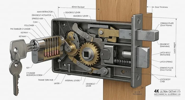 Hình minh họa kỹ thuật chi tiết mặt cắt của một ổ khóa cửa 60mm, thể hiện thân khóa, xi lanh, chốt cửa, chốt an toàn, cơ cấu chìa khóa và các bộ phận khóa bên trong, theo phong cách bản vẽ kỹ thuật kết hợp
