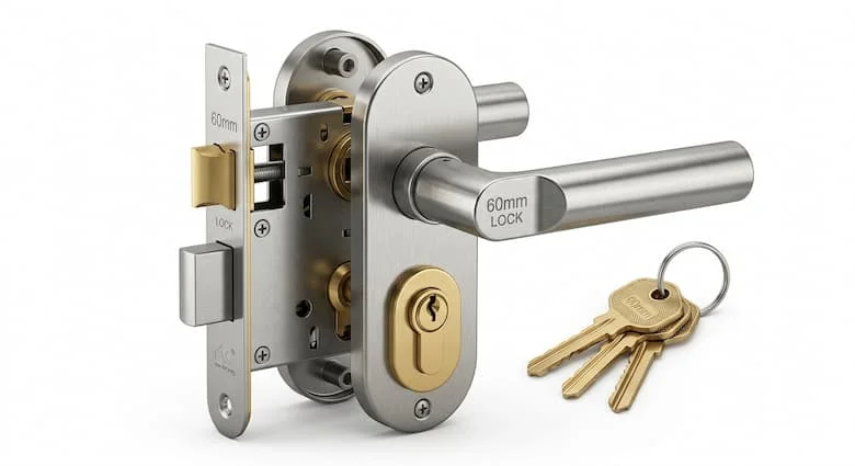 Hình ảnh sản phẩm khóa cửa chất lượng cao 60mm, khóa cửa bằng thép không gỉ và đồng thau kèm tay nắm và chìa khóa, kết cấu kim loại chân thực