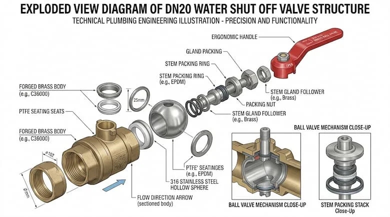Sơ đồ chi tiết cấu tạo van khóa nước DN20, thể hiện thân van, cơ cấu van bi, trục van, gioăng làm kín và tay cầm