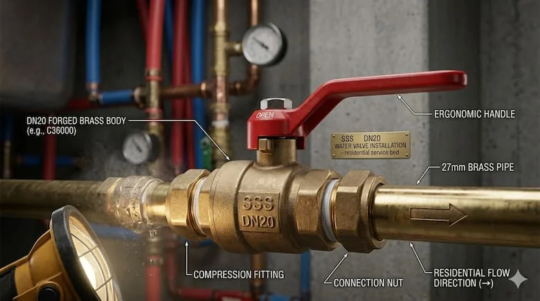 Van khóa nước DN20 được lắp đặt trong hệ thống đường ống nước dân dụng, ống nước 27mm được nối với van bằng đồng thau, hệ thống cấp nước gia đình chân thực