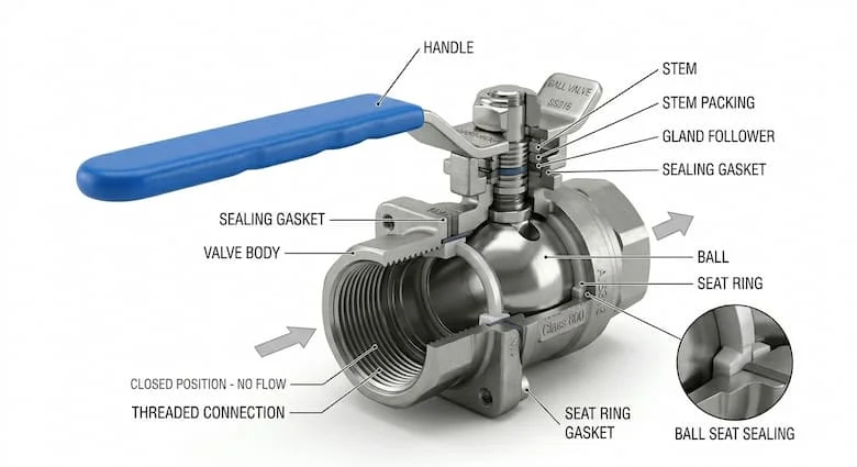 Hình chiếu mặt cắt ngang của một van ren công nghiệp, thể hiện các bộ phận bên trong bao gồm thân van, bi van, trục van, gioăng làm kín và khớp nối ren