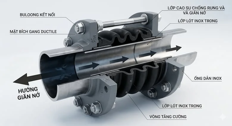 hình ảnh cắt lớp kỹ thuật của khớp nối ống công nghiệp, hiển thị rõ lớp cao su chống rung, thân inox hoặc gang, bulong kết nối và hướng giãn nở đường ống
