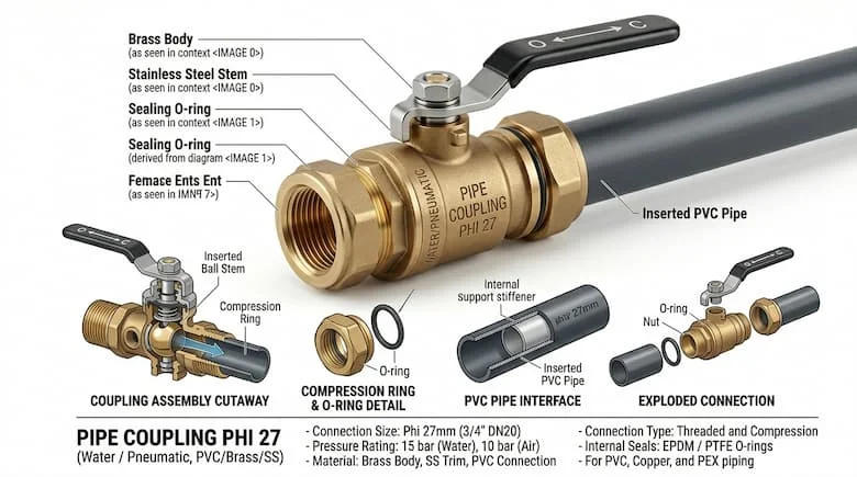 Hình ảnh sản phẩm khớp nối ống nước chất lượng cao Phi 27, đầu nối ống PVC và thép không gỉ với kết nối ren, kết cấu vật liệu chân thực