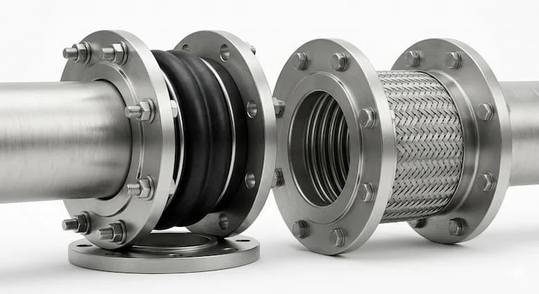 ảnh sản phẩm khớp nối ống công nghiệp bằng inox và cao su chống rung, hiển thị rõ thân khớp nối, bulong siết và kết nối mặt bích