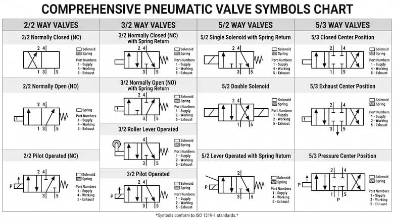 Bảng tổng hợp đầy đủ các ký hiệu van khí nén bao gồm van 2/2, 3/2, 5/2 và 5/3, được trình bày theo phong cách sơ đồ kỹ thuật rõ ràng