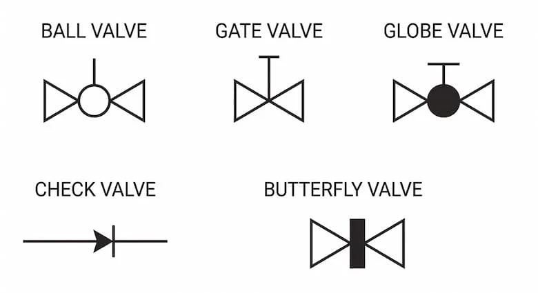 Sơ đồ vector rõ ràng thể hiện các ký hiệu van nước thông dụng được sử dụng trong bản vẽ hệ thống đường ống và sơ đồ đường ống