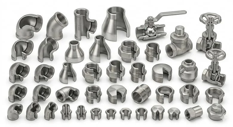 Hình ảnh minh họa kỹ thuật mặt cắt của các phụ kiện đường ống bằng thép không gỉ và các bộ phận van công nghiệp, thể hiện mối nối ren, cấu trúc hàn, gioăng làm kín và các chi tiết cơ khí bên trong