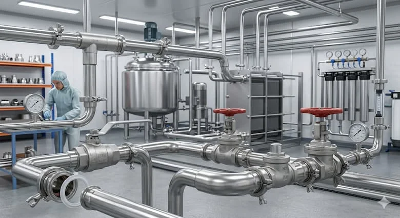 Các phụ kiện bằng thép không gỉ công nghiệp được sử dụng trong chế biến thực phẩm và nhà máy xử lý nước, hệ thống đường ống bằng thép không gỉ