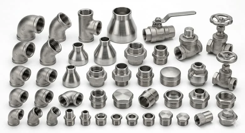 Bộ sưu tập phụ kiện đường ống bằng thép không gỉ siêu thực bao gồm cút nối, chữ T, bộ giảm đường kính, khớp nối, phụ kiện ren và van thép không gỉ