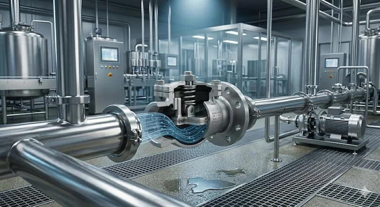 Van một chiều bằng thép không gỉ thực tế được lắp đặt trong hệ thống đường ống công nghiệp, các mối nối đường ống bằng thép không gỉ được đánh bóng, môi trường nhà máy chế biến thực phẩm