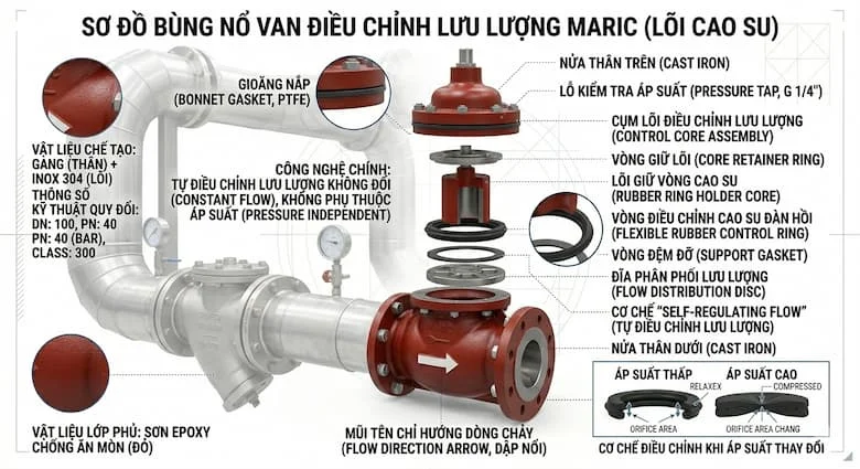 Hình ảnh tháo rời của van điều khiển lưu lượng Maric, thể hiện các bộ phận bên trong, bao gồm thân van, vòng điều khiển bằng cao su, đầu vào, đầu ra, các bộ phận