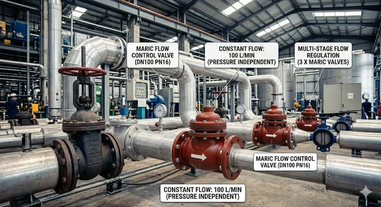 Van điều khiển lưu lượng Maric được lắp đặt trong một hệ thống công nghiệp thực tế, đường ống dẫn nước hoặc hệ thống tưới tiêu
