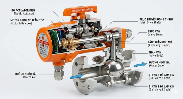 hình ảnh cắt lớp kỹ thuật của motor van công nghiệp, hiển thị rõ bộ actuator điện, trục truyền động, thân van và hướng dòng chảy