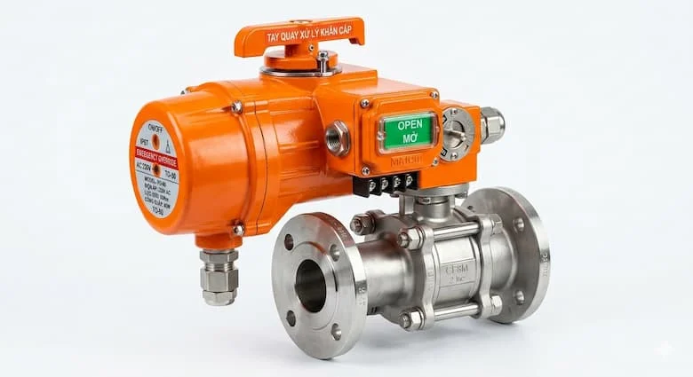  ảnh sản phẩm motor van công nghiệp cao cấp gồm thân van inox và bộ truyền động điện actuator màu nổi bật, hiển thị rõ kết nối mặt bích và hộp điều khiển điện