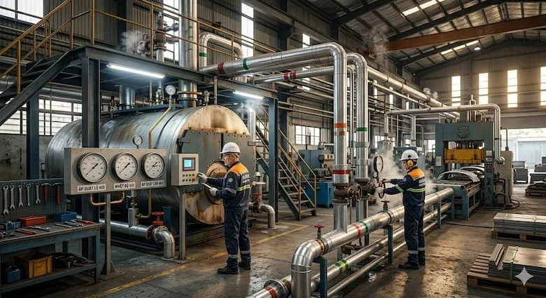 Một nhà máy công nghiệp thực tế sử dụng hệ thống nồi hơi để sản xuất