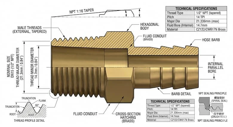 Hình minh họa kỹ thuật mặt cắt ngang của một phụ kiện ống ren ngoài DN15 (21mm), thể hiện cấu trúc ren bên trong, vật liệu đồng thau, kiểu sơ đồ kỹ thuật