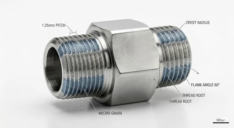 hình ảnh macro kỹ thuật của ống nối 2 đầu ren ngoài inox, hiển thị rõ bước ren, bề mặt kim loại và cấu trúc ren ngoài