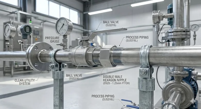 hình ảnh ống nối 2 đầu ren ngoài inox được lắp trong hệ thống đường ống công nghiệp, kết nối giữa van bi và đường ống inox, môi trường kỹ thuật