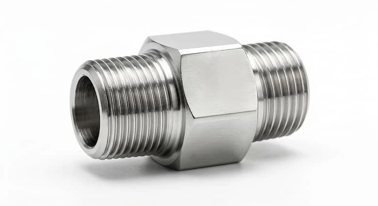 ảnh sản phẩm ống nối 2 đầu ren ngoài bằng inox công nghiệp, dạng kép ren ngoài lục giác, hiển thị rõ hai đầu ren cơ khí và thân nối inox sáng bóng