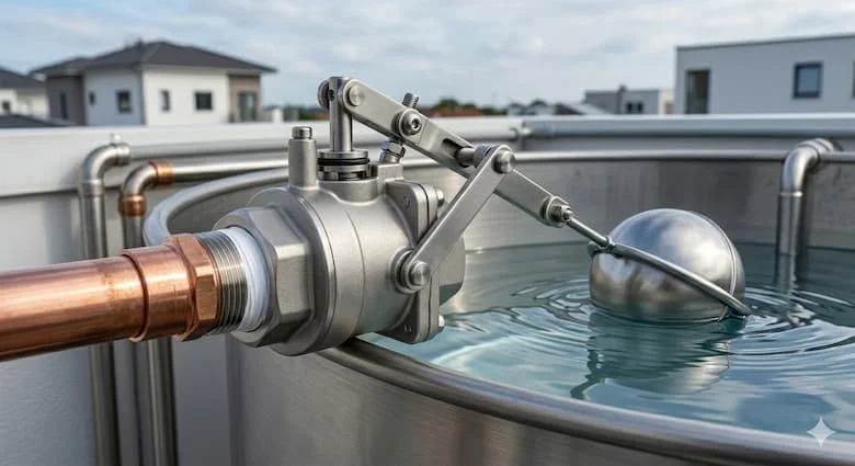  hình ảnh phao cơ được lắp đặt trên bồn nước inox gia đình, đang tự động kiểm soát mực nước, hệ thống cấp nước thực tế, môi trường sạch sẽ