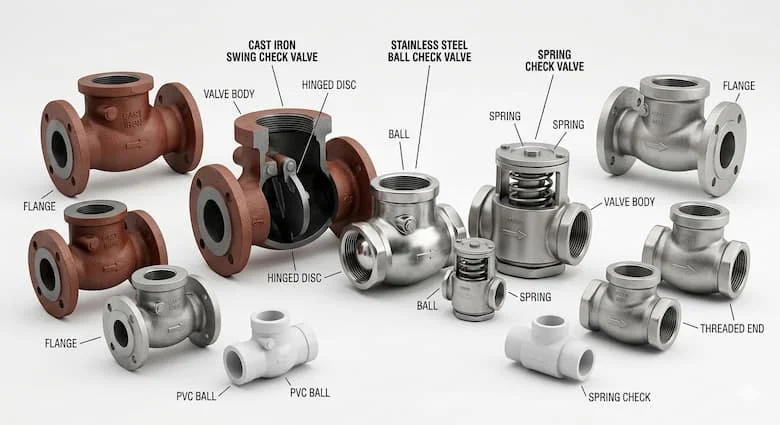 Hình ảnh sản phẩm chất lượng cao về các loại van kiểm tra bơm, bao gồm van kiểm tra kiểu xoay, van kiểm tra kiểu bi và van kiểm tra kiểu lò xo