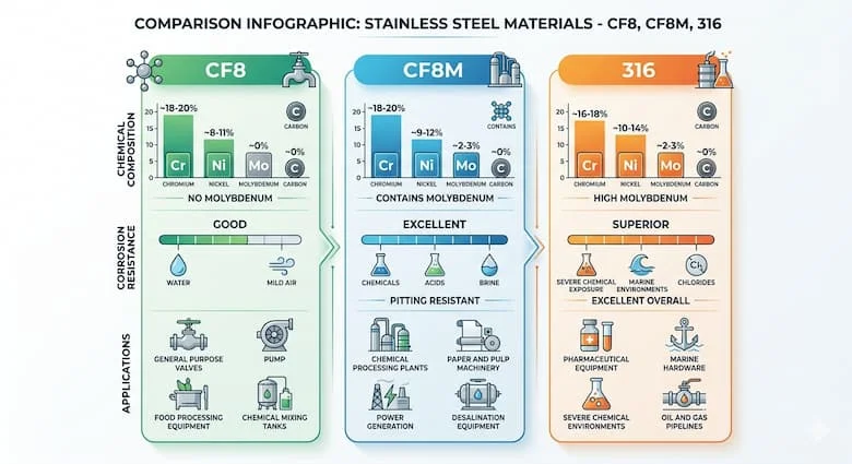 so sánh các vật liệu thép không gỉ CF8, CF8M và 316, thể hiện khả năng chống ăn mòn, thành phần hóa học và ứng dụng