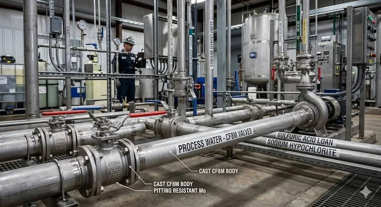 Hệ thống đường ống công nghiệp sử dụng van thép không gỉ CF8M trong nhà máy hóa chất hoặc xử lý nước, đường ống, máy bơm và van