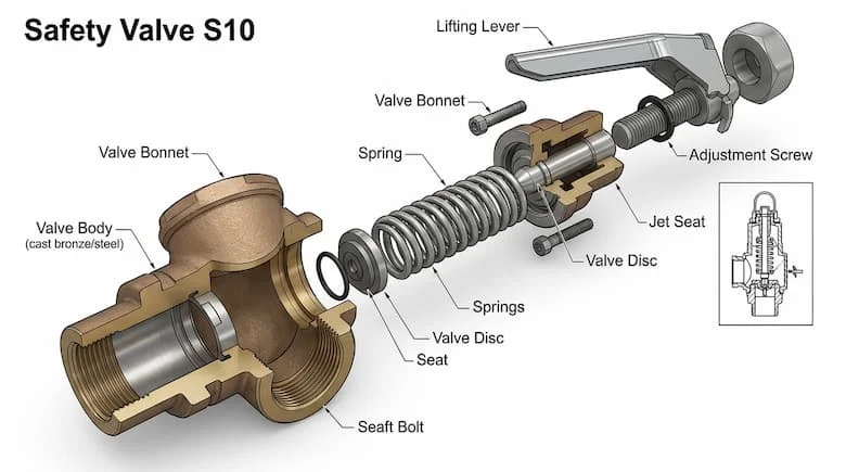 Hình ảnh kỹ thuật dạng tháo rời của van an toàn S10, thể hiện các bộ phận bên trong bao gồm lò xo, đĩa van, đế van, vít điều chỉnh và thân van