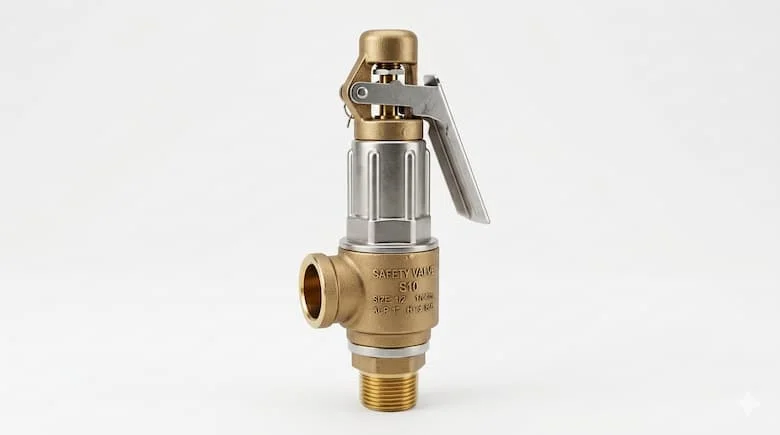 Ảnh chụp sản phẩm cực kỳ chân thực về van an toàn áp suất công nghiệp Safety Valve S10, van xả an toàn bằng đồng thau và thép không gỉ