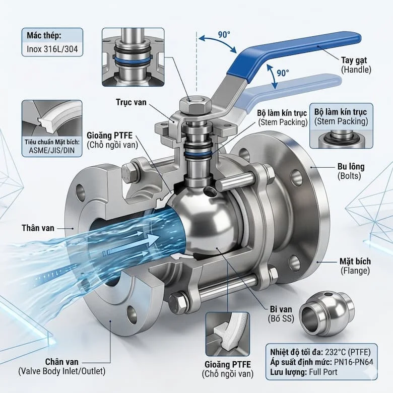 ảnh infographic mô phỏng cấu tạo SS ball valve inox, hiển thị đầy đủ các bộ phận gồm thân van, bi van, gioăng PTFE, trục van và tay gạt