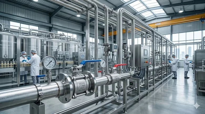 hình ảnh SS ball valve inox đang lắp trên hệ thống đường ống công nghiệp trong nhà máy, đường ống inox thực phẩm hoặc hóa chất