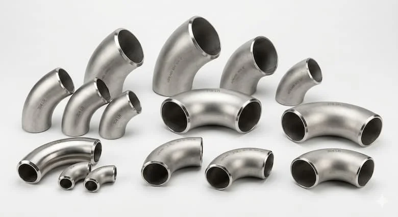 Các loại cút nối góc 90 độ bằng thép không gỉ khác nhau, được làm từ thép không gỉ 304 và 316