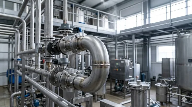 Cút nối khuỷu 90 độ bằng thép không gỉ được lắp đặt trong hệ thống đường ống công nghiệp, kết nối với các ống thép không gỉ hàn, được sử dụng trong nhà máy
