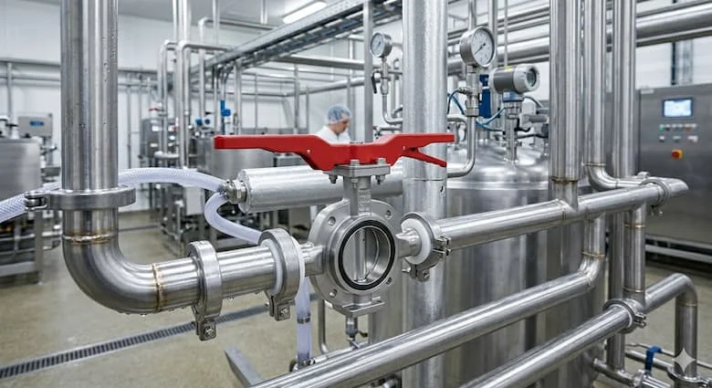 Van bướm bằng thép không gỉ với tay cầm màu đỏ được lắp đặt trong hệ thống đường ống thép không gỉ công nghiệp