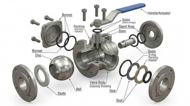 Hình ảnh kỹ thuật dạng tháo rời của một van công nghiệp bằng thép không gỉ, thể hiện các bộ phận bên trong bao gồm thân van, trục van, đế van, đĩa van và gioăng
